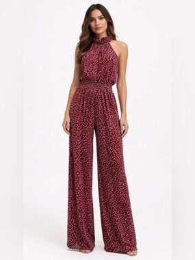 Enfocus Studio Women's Polka Dot Halter Wide Leg Palazzo Pant Jumpsuit in Red 6